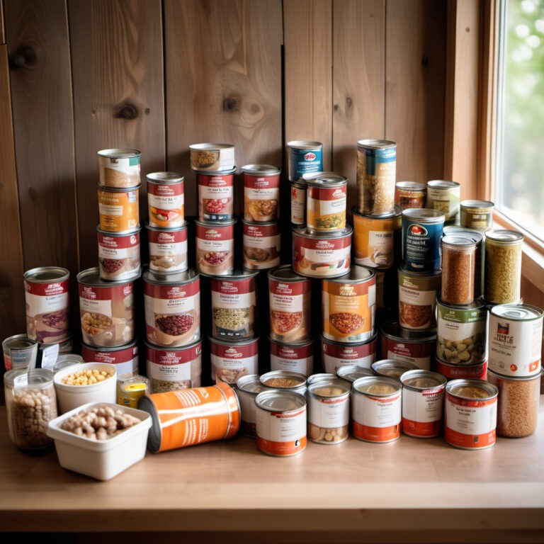 An assortment of emergency food supplies, including freeze-dried meals, canned goods, and snacks, arranged on a wooden table, emphasizing preparedness for emergencies.