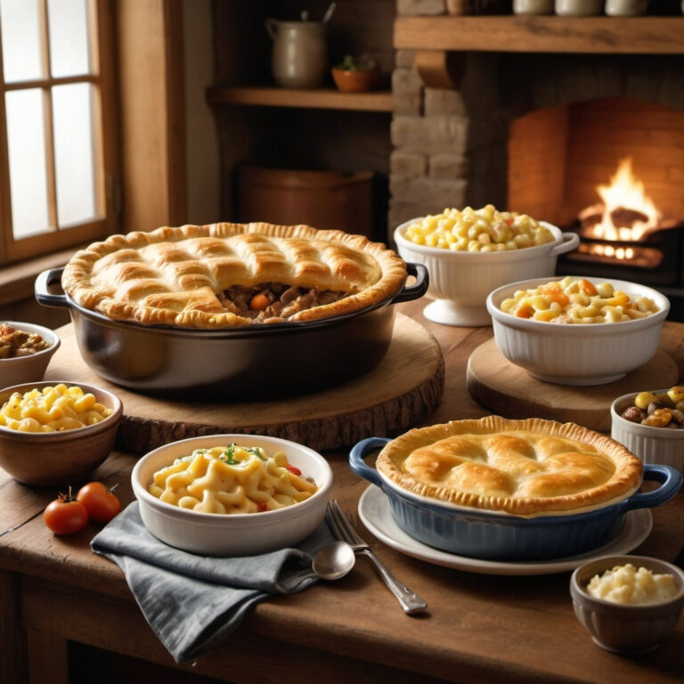 Create a warm and inviting kitchen scene with a rustic wooden table. Display a variety of comfort foods, including a golden, baked macaroni and cheese, a hearty bowl of beef stew with visible vegetables, and a beautifully baked chicken pot pie with a golden crust. Use soft, warm lighting to enhance the cozy atmosphere. Add a text overlay in a warm, inviting font that reads ‘Comfort Food Classics’.